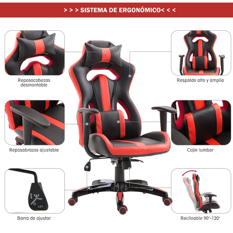 HOMCOM Silla Gaming Profesional Silla de Juego Oficina Ergonómica Estilo Deportivo Giratorio Reposacabezas y Cojín Lumbar Reclinable Altura Ajustable Cuero Sintético PU