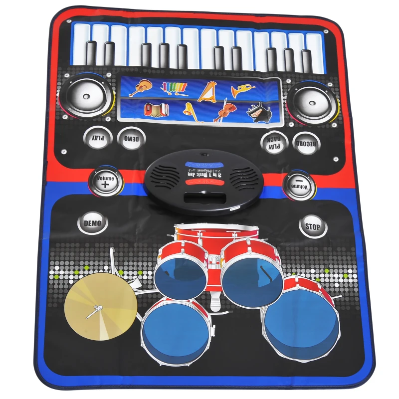 HOMCOM Alfombra Musical de Juego Tapete Musical Piano y Batería 2 en 1 para Niños +3 Años Alfombra de Teclado Táctil 90x69cm