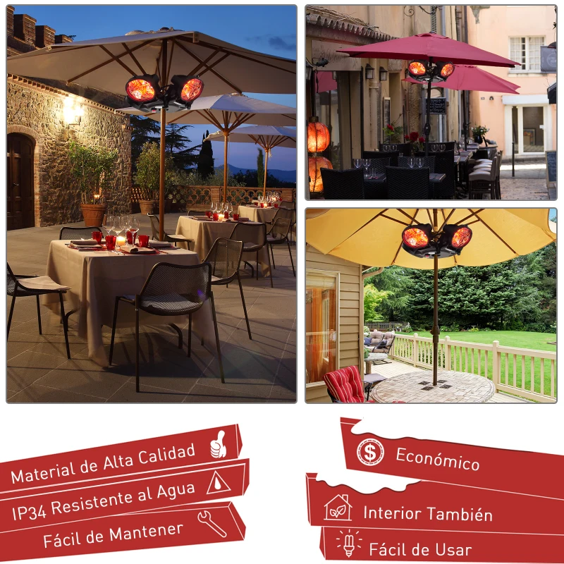 Outsunny Calefactor Infrarrojo Calentador Eléctrico de Exterior Patio Montado en Sombrilla Poste 2000W 4 Cabezas Φ55.5x13cm Acero y Aluminio