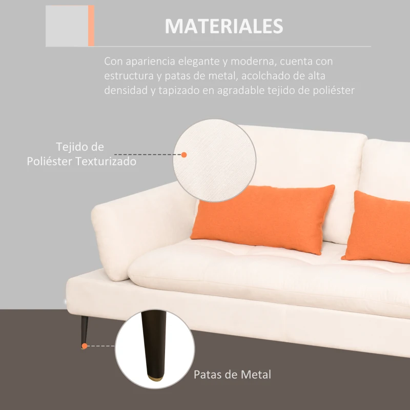 HOMCOM Sofá de 3 Plazas Convertible en Cama Individual con Respaldo Regulable y Reposabrazos Abatible 2 Almohadas Lumbar Acolchado Patas de Metal 213x112x83 cm Beige