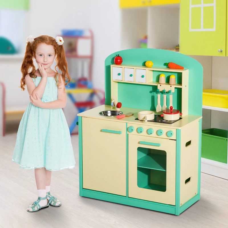HOMCOM Cocinita de Juguete de Madera con 12 Accesorios 70x30x88cm para Niños + 3 Años Color Verde