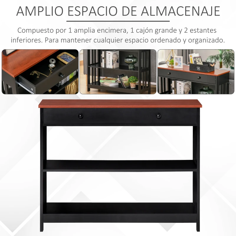 HOMCOM Mueble Recibidor Estrecho Mesa de Consola con 1 Cajón y 2 Estantes Abiertos Estilo Industrial para Pasillo Entrada Sala de Estar 100x30x80 cm Negro y Marrón