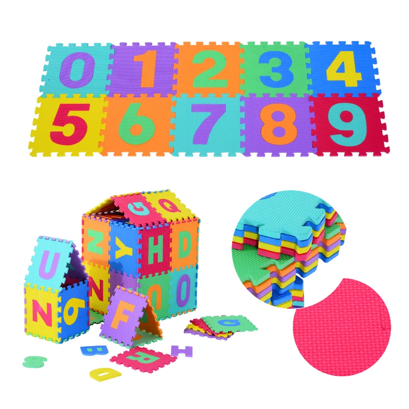 HOMCOM Alfombra Puzle Colchoneta Suave Juego para Niños 36pcs 3.34㎡ Números 0-9 y 26 Letras Alfabeto Goma Espuma EVA
