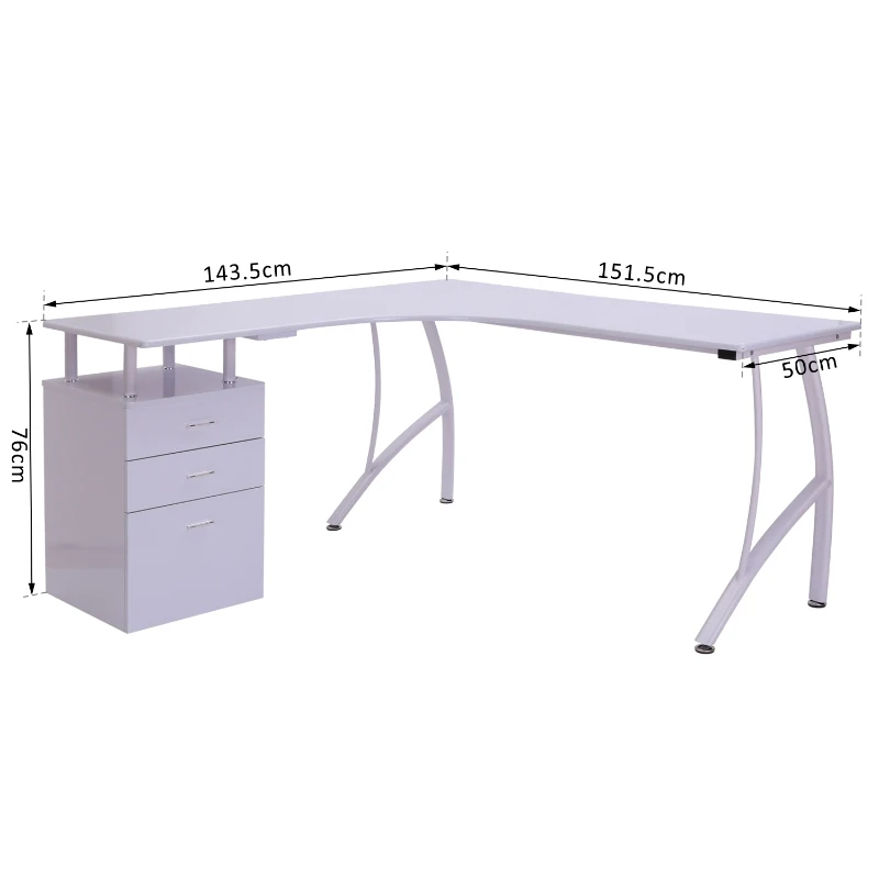 HOMCOM Mesa de Ordenador tipo Escritorio con Cajonera 151,5x143,5x76 cm Blanco