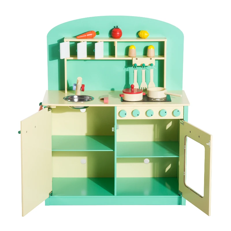 HOMCOM Cocinita de Juguete de Madera con 12 Accesorios 70x30x88cm para Niños + 3 Años Color Verde
