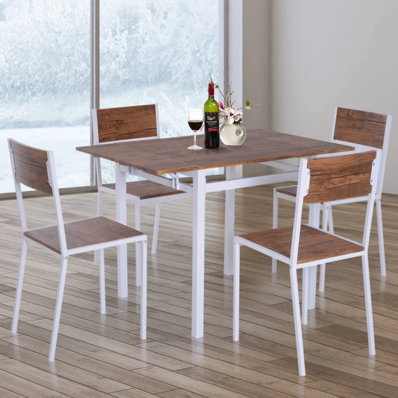 HOMCOM 5 Piezas Conjunto de Mesa Extensible y 4 Sillas de Comedor Juego Muebles de Cocina Sala Madera y Metal