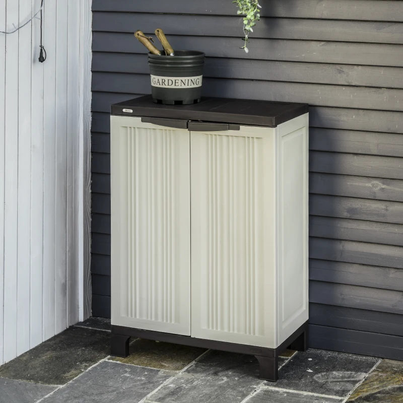 Outsunny Armario de Jardín Cobertizo de Herramientas para Exterior con Doble Puertas Estante Ajustable de 4 Niveles 65x37x91,4 cm Beige