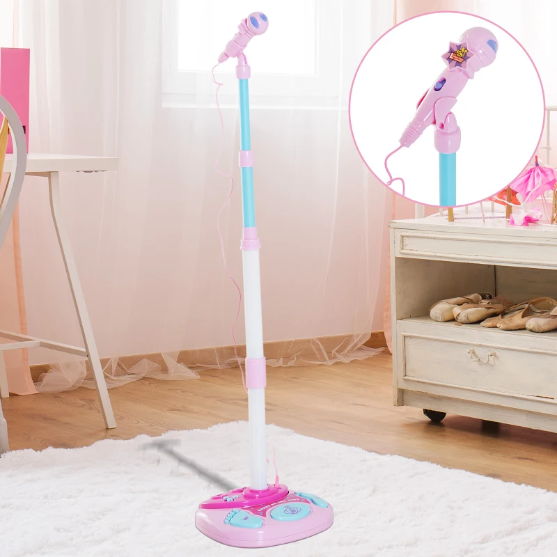 HOMCOM Micrófono Infantil con Pie Karaoke Máquina Kit de Altavoces Altura Ajustable con Conector de MP3 Luces Sonidos Juguete Musical