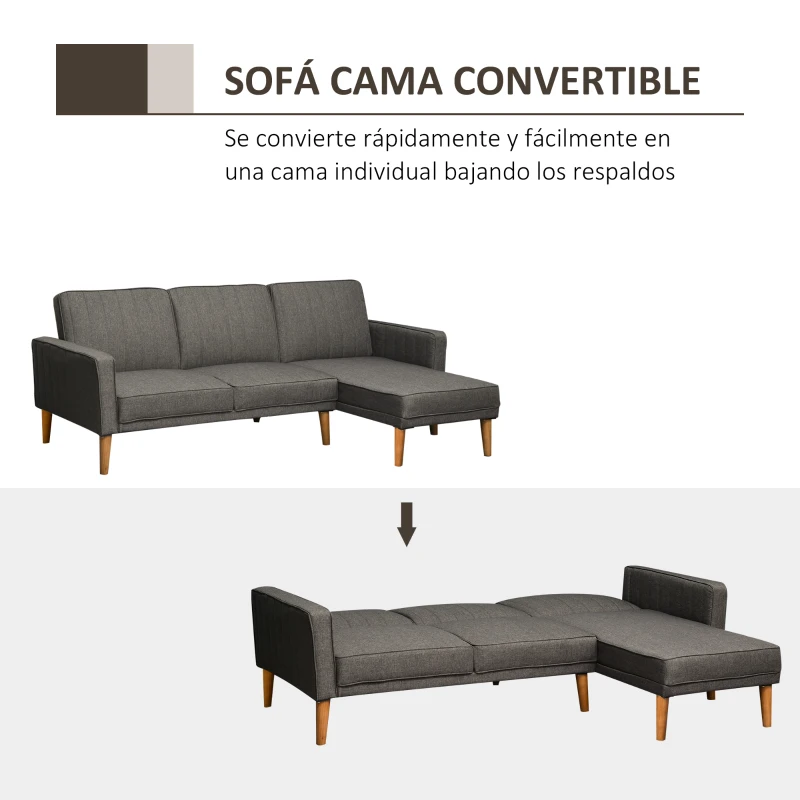 HOMCOM Sofá Cama en Forma de L Tapizada con Chaise Longue Derecho y Respaldos Ajustables por Separado en 3 Posiciones 216x139x80 cm Gris