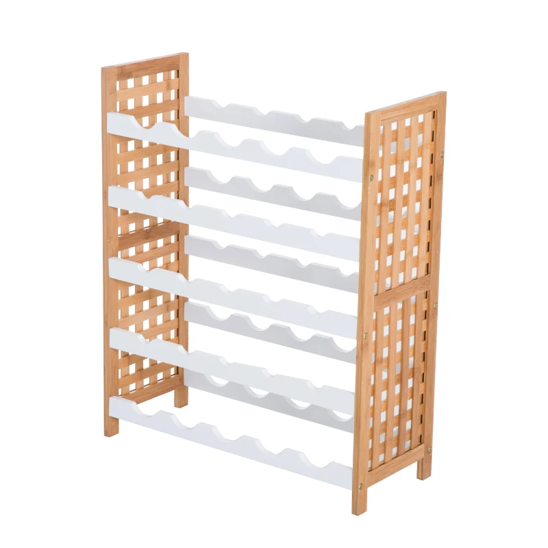 HOMCOM Botellero Bambú para 25 Botellas Estante de Vino Botellero Madera Apilable 5 Baldas Estantería para Apilar Cocina Sala de Estar 63x25x76cm Blanco