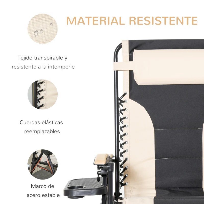 Outsunny Tumbona Plegable y Reclinable de Acero con Portavasos Reposacabezas Extraíble y Reposabrazos para Exterior Jardín 90x75x110 cm Beige