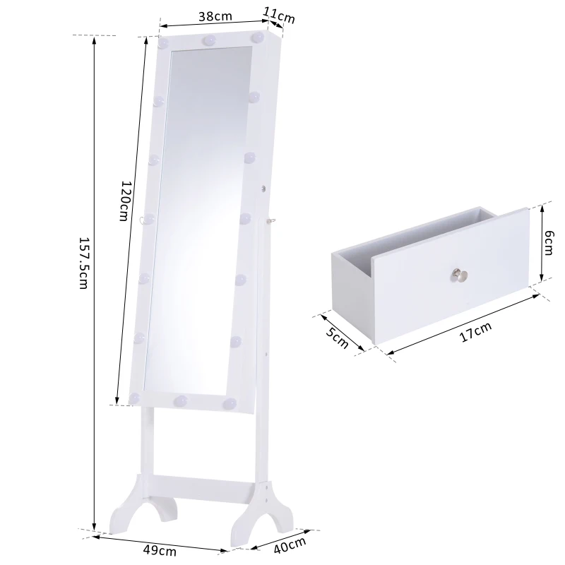 HOMCOM Joyero de Pie con Espejo Armario para Joyas 16 Luces LED Reclinable Guardajoyas Anillos Pendientes Collares Cerradura Madera 49x40x157.5cm Blanco