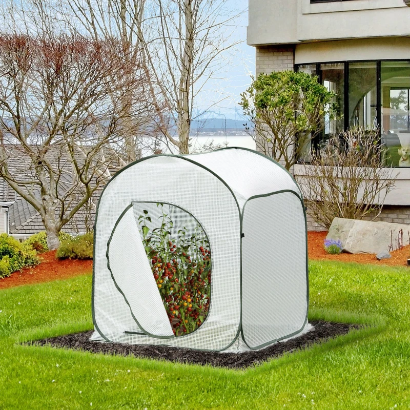 Outsunny Mini Invernadero 90x90x110 cm Portátil Autoinstalable Pop-up Compacto para Cultivo Plantas Verduras con Puerta y Bolsa de Transporte Blanco