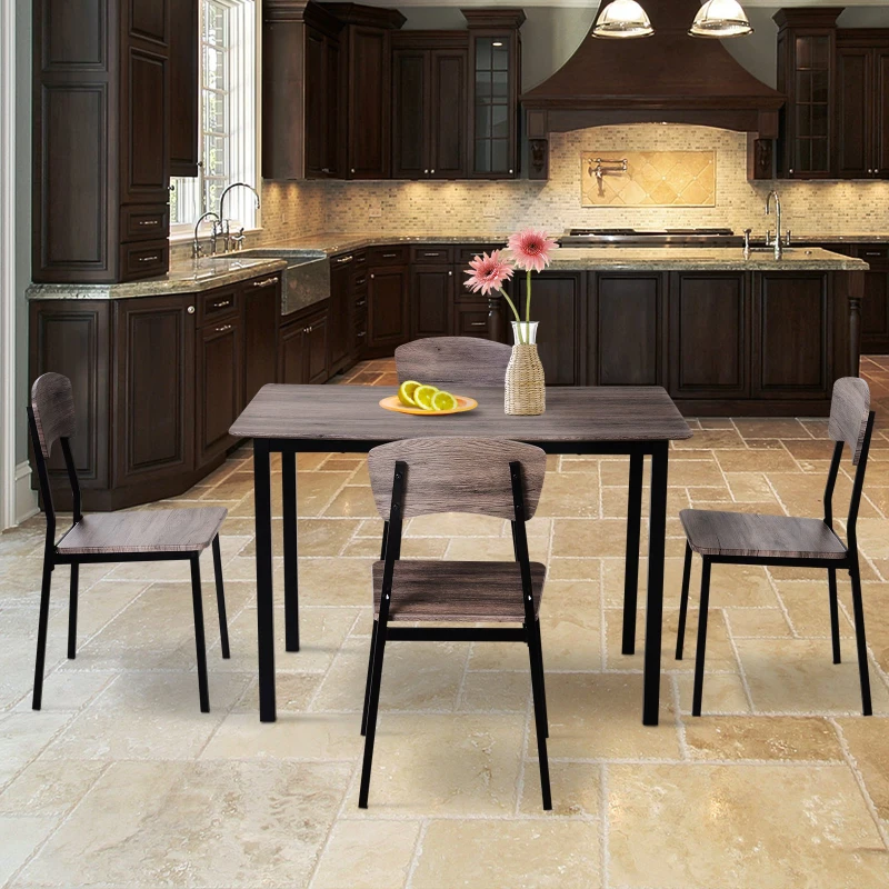 HOMCOM 5 Piezas Conjunto de Mesa y 4 Sillas de Comedor Juego Muebles de Cocina Sala Escritorio Madera y Metal Gris