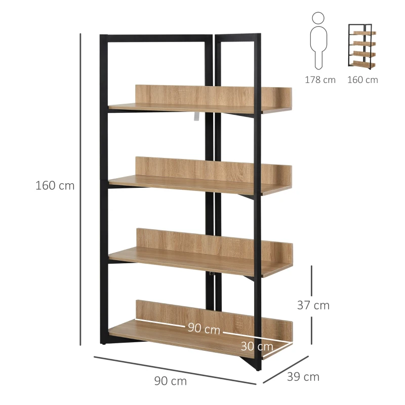 HOMCOM Estantería de 4 Niveles Librería de Diseño Moderno Gran Espacio de Almacenamiento Sistema Antivuelco 90x39x160 cm Color Roble Negro