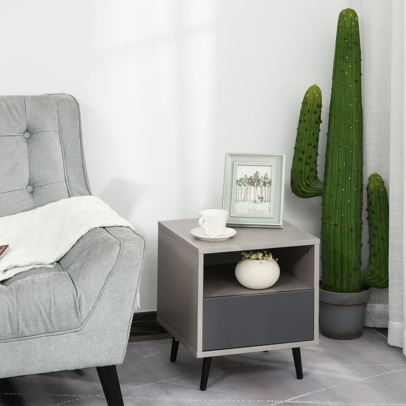 HOMCOM Mesita de Noche Mesita Auxiliar con 1 Cajón Estante Abierto y Patas de Metal Elegante Minimalista para Dormitorio Salón 40x40x45 cm Gris