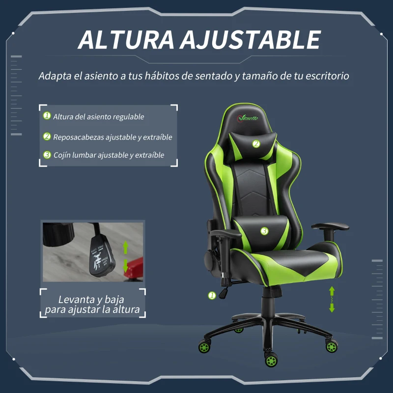 Vinsetto Silla Gaming Giratoria Silla Gamer Reclinable Tapizado en Cuero Sintético Altura Ajustable 73x71x128-136 cm Verde