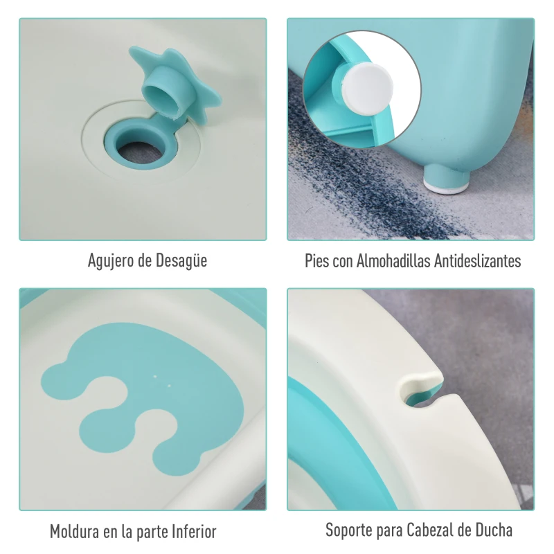 HOMCOM Bañera para Bebé Plegable 3 en 1 Juego de Ducha para 0-3 Años Portátil Bañera Lavabo Taza de Champú Ergonómico con Base Antideslizante 84,5x50,5x24 cm Turquesa