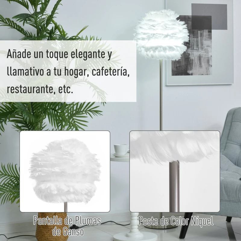 HOMCOM Lámpara de Pie Pantalla de Pluma de Ganso con Interruptor de Pedal Diseño Novedoso Lámpara de Suelo para Bombilla Máx. 40 W 40x40x160 cm Blanco