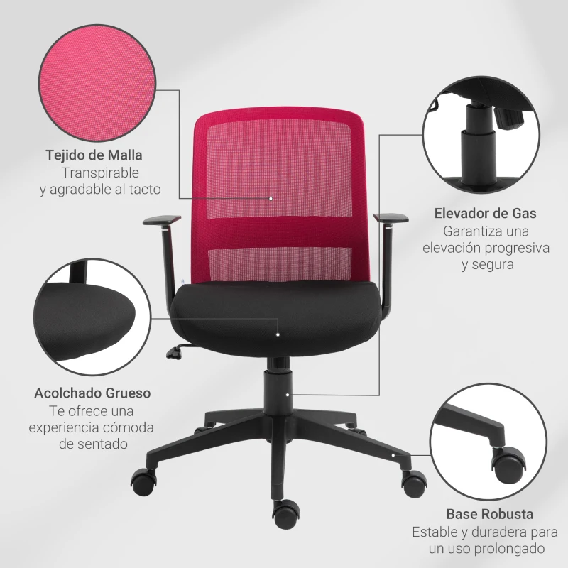 Vinsetto Silla de Oficina Silla Escritorio Giratoria con Altura Ajustable Reposabrazos Soporte Lumbar Respaldo Transpirable y Función Basculante 58x60x89-99 cm Fucsia