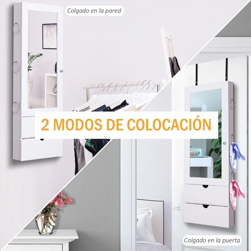 HOMCOM Espejo Joyero Colgante de Pared o Puerta Armario de Joyería con Altura Ajustable 2 Estantes Cerrados con Puertas Abatibles y Organizador de Joyas 35,5x9,5x102 cm Blanco