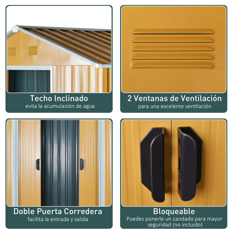 Outsunny Caseta de Jardín Exterior 3,6 m² 236x174x190 cm Cobertizo de Jardín Exterior con 2 Puertas Correderas Techo Inclinado y 4 Ventanas para Patio Terraza Amarillo Mostaza