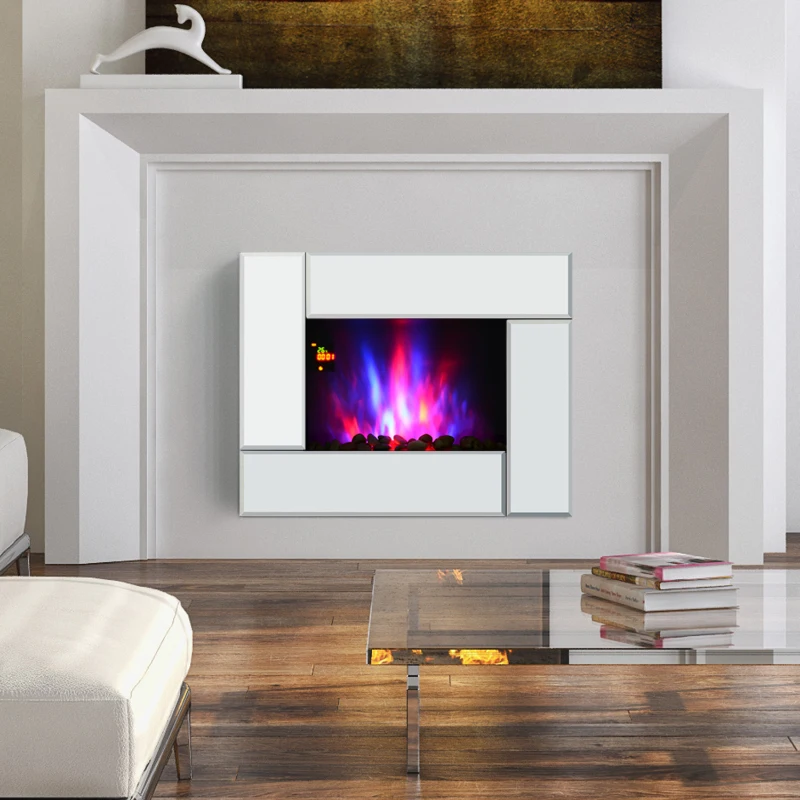 HOMCOM Chimenea Eléctrica de Pared 7 Color Control Remoto Programable 7 días 900/1800W Calefactor Eléctrico con Iluminación LED 66x52x10.7cm Acero y Vidrio