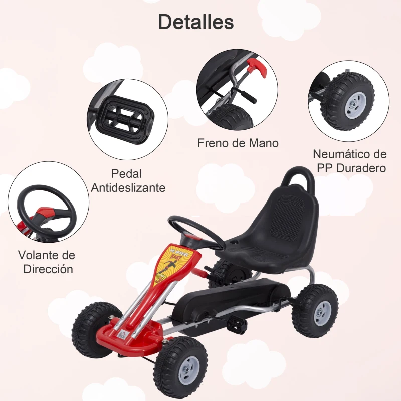HOMCOM Go Kart a Pedales para Niños desde 3 Años Carga Máx. 30kg Coche de Pedales con Freno de Mano y Cadena 89x52x51 cm Rojo y Negro