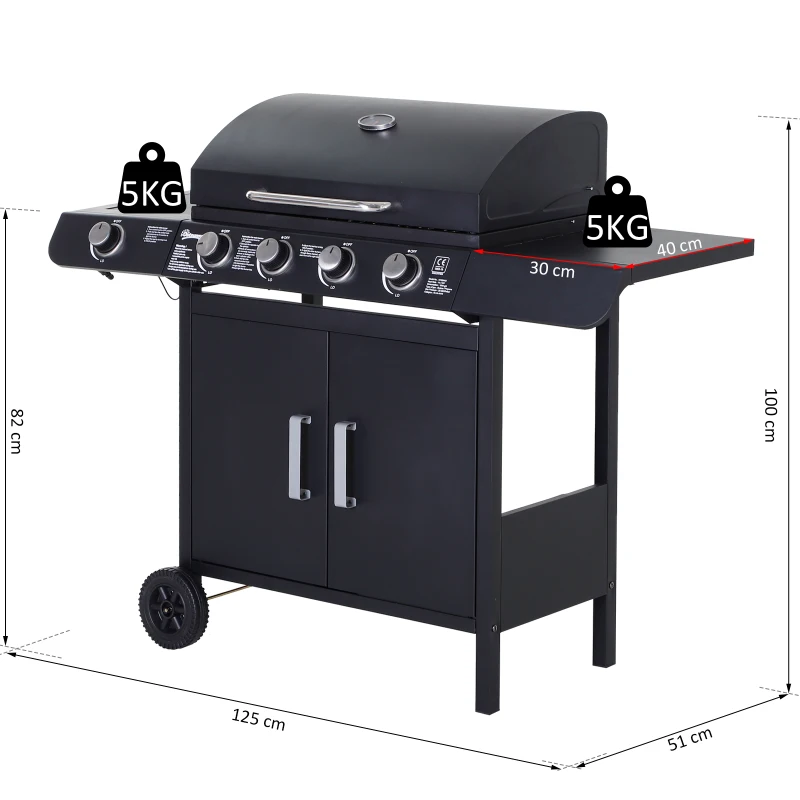 Outsunny Barbacoa de Gas con 5 Quemadores de Acero Inoxidable 14,4 KW Fogón y Parrilla con Tapa y Ruedas 125x51x100 cm Negro