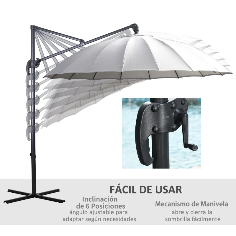 Outsunny Parasol Sombrilla de Jardín Ø300 cm de Diámetro con Manivela y Poste Giratorio 360° Techo Inclinable en 6 Posiciones Base Cruzada Incluida Gris