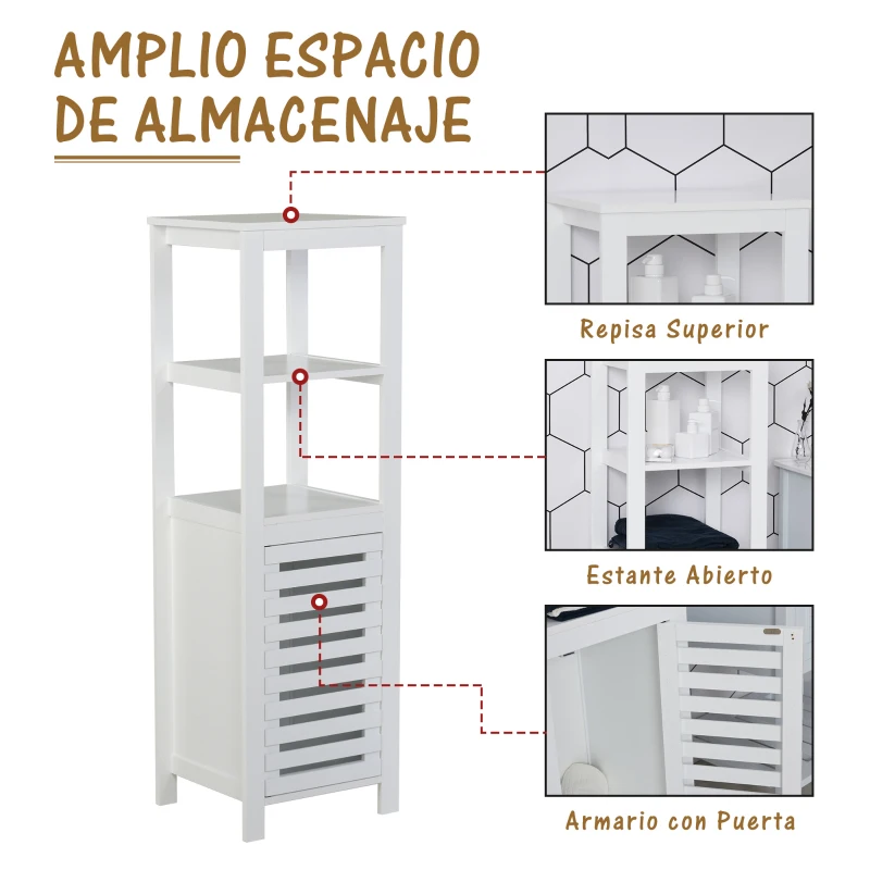 HOMCOM Armario de Baño Armario de Suelo Mueble Columna para Baño de 2 Estantes Abiertos Armario Organizador con Puerta de Persiana 40x35x125 cm Blanco