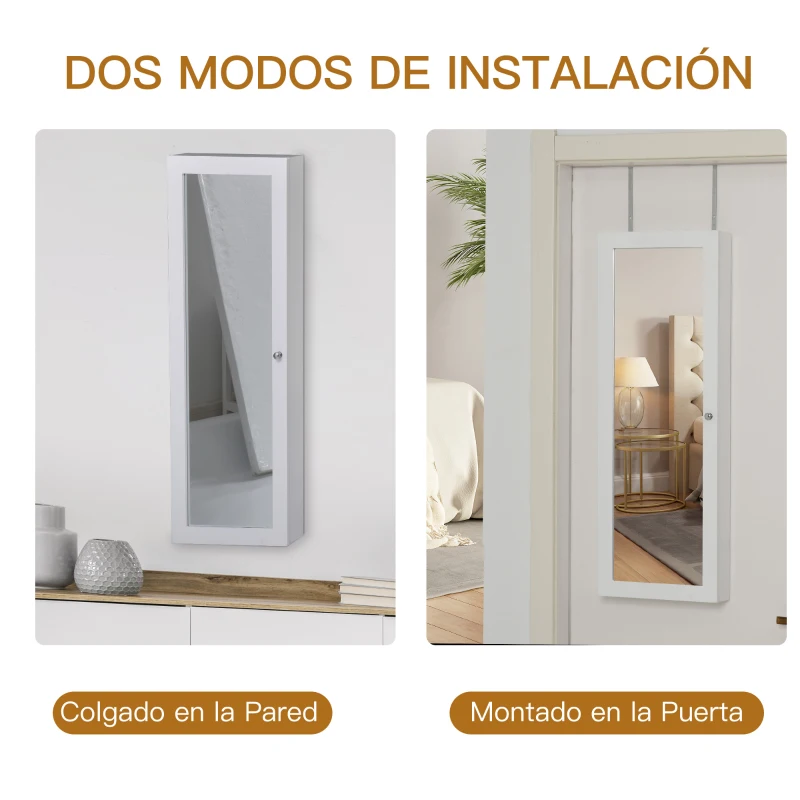 HOMCOM Armario Joyero con Espejo de Cuerpo Entero Gabinete para Joyería para Montar en la Pared o Colgar en la Puerta 35,5x100x9 cm Blanco