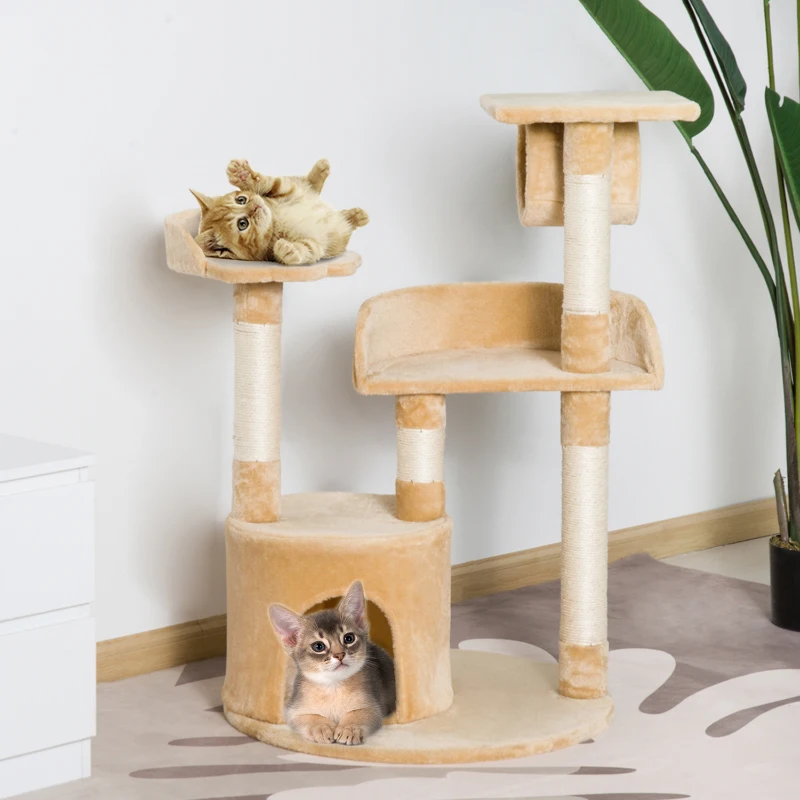 PawHut Rascador Árbol para gatos con Plataforma Caseta Tubo de Juego Postes rascadores Centro de Juego 60x60x96cm Tablero de Madera y Cubierto de Felpa Beige
