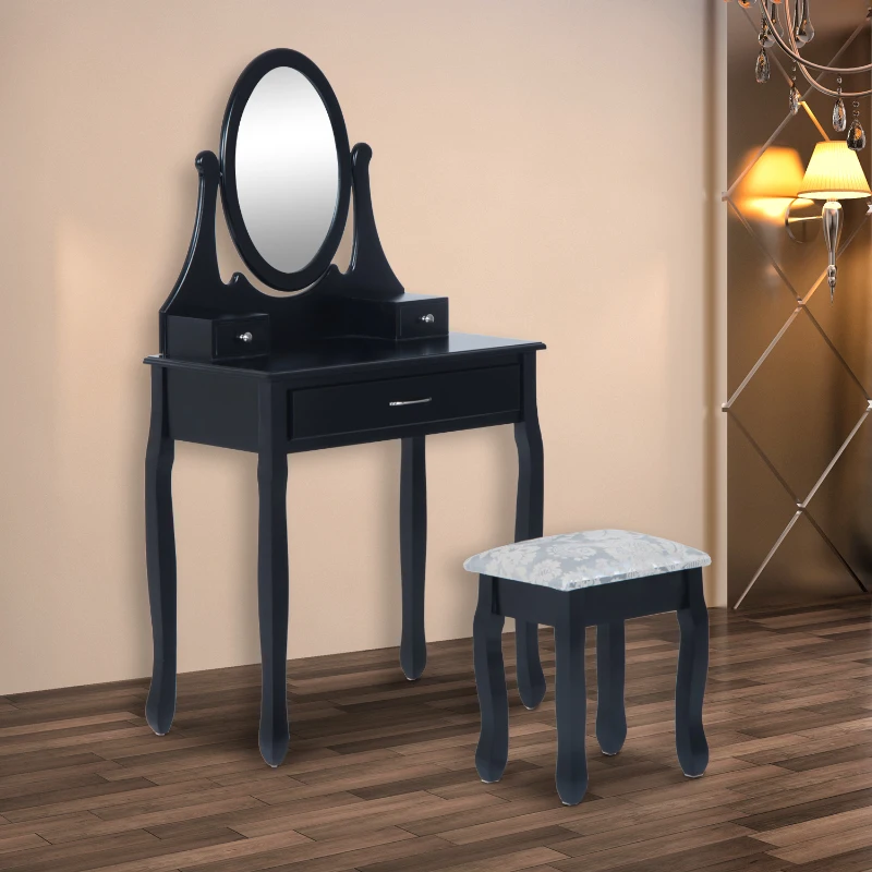 HOMCOM Tocador + 1 Taburete y Espejo Mesa Maquillaje 3 Cajones Negro Mesa MDF NUEVO