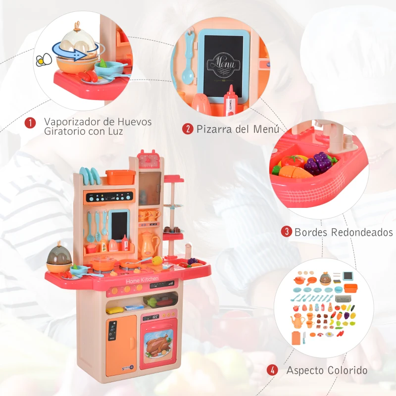 HOMCOM Cocinita para Niños con Luces Música Absoluta Funciones de Agua Cocina de Juguete Infantil 65 Piezas Alimentos Cubiertos +3 Años 71x28,5x93,5 cm Rosa