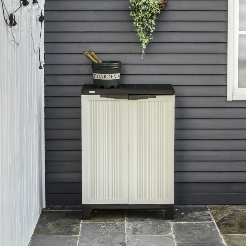 Outsunny Armario de Jardín Cobertizo de Herramientas para Exterior con Doble Puertas Estante Ajustable de 4 Niveles 65x37x91,4 cm Beige