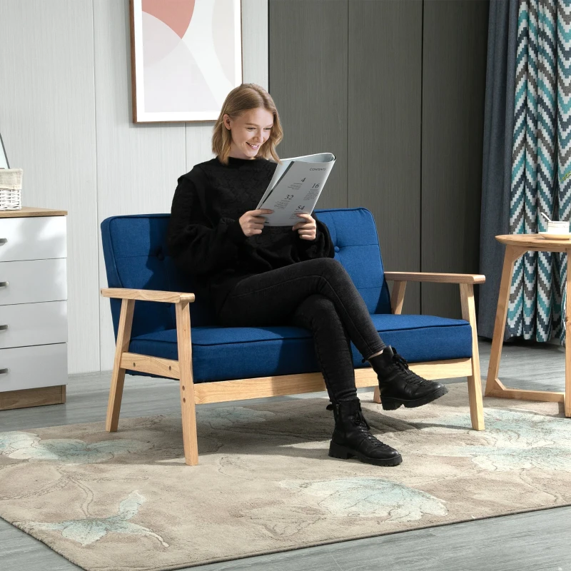HOMCOM Sofá de 2 Plazas con Respaldo y Cojines Acolchados Patas de Madera Antideslizantes Botones con Mechones Salón Dormitorio Oficina 114x66x69 cm Azul