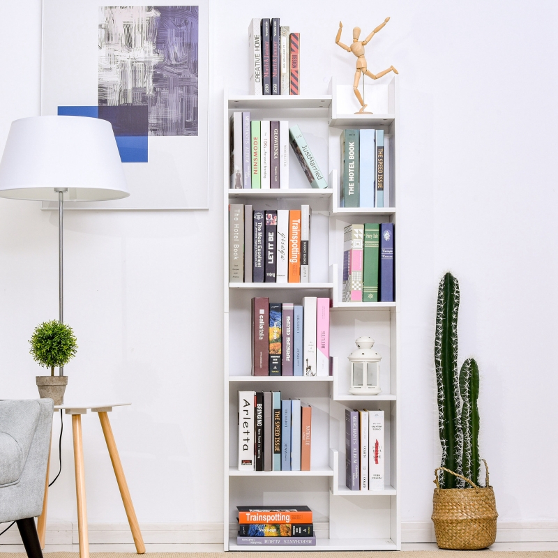 HOMCOM Estantería de 6 Niveles Librería Vertical de Forma Irregular Diseño Moderno Sistema Antivuelco 60x21x162,5 cm Blanco