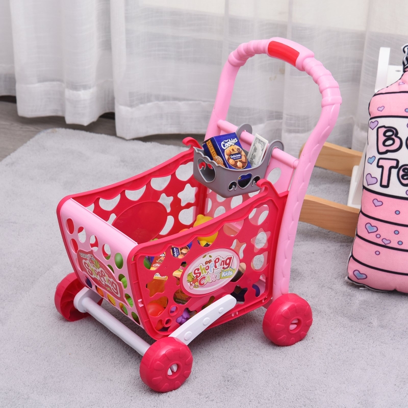 HOMCOM Set de Carrito de Compras para Niños Mayores de 3 Años Juego de Roles Educativo Juguete Infantil con 38 Piezas 41,5x33,5x48,5 cm Rosa