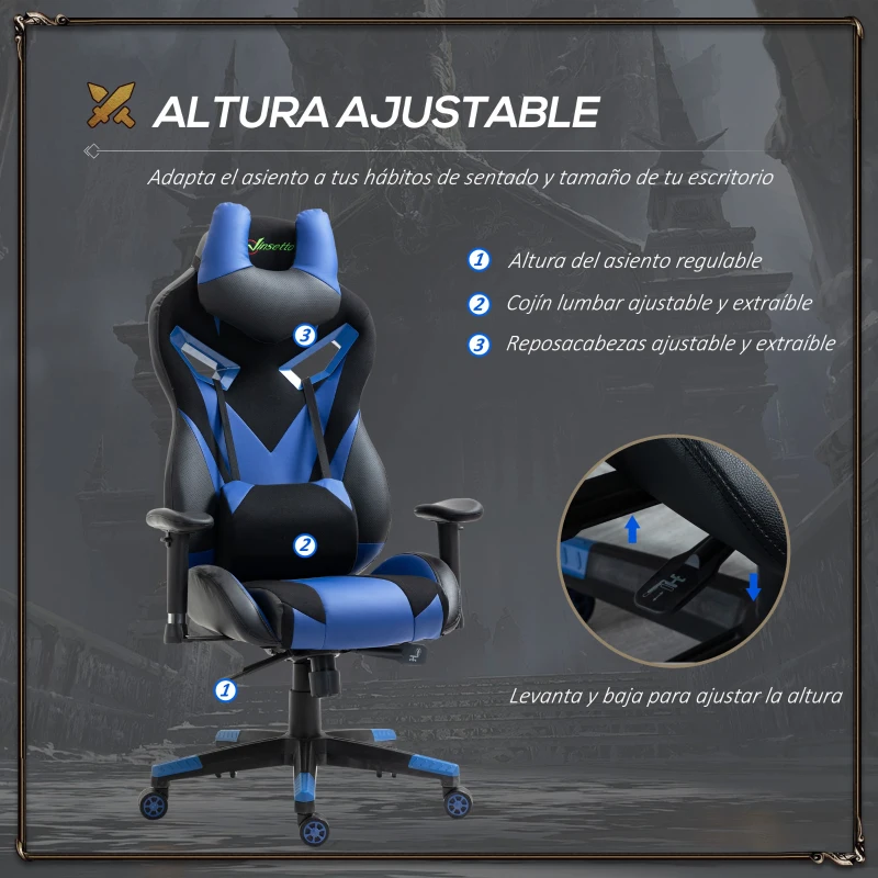 Vinsetto Silla Gaming Ergonómica Silla de Escritorio de Oficina Giratoria con Altura Ajustable Reclinable de 135° Reposabrazos Regulable Reposacabezas y Lumbar Extraíbles 70x71x125-133 cm Azul
