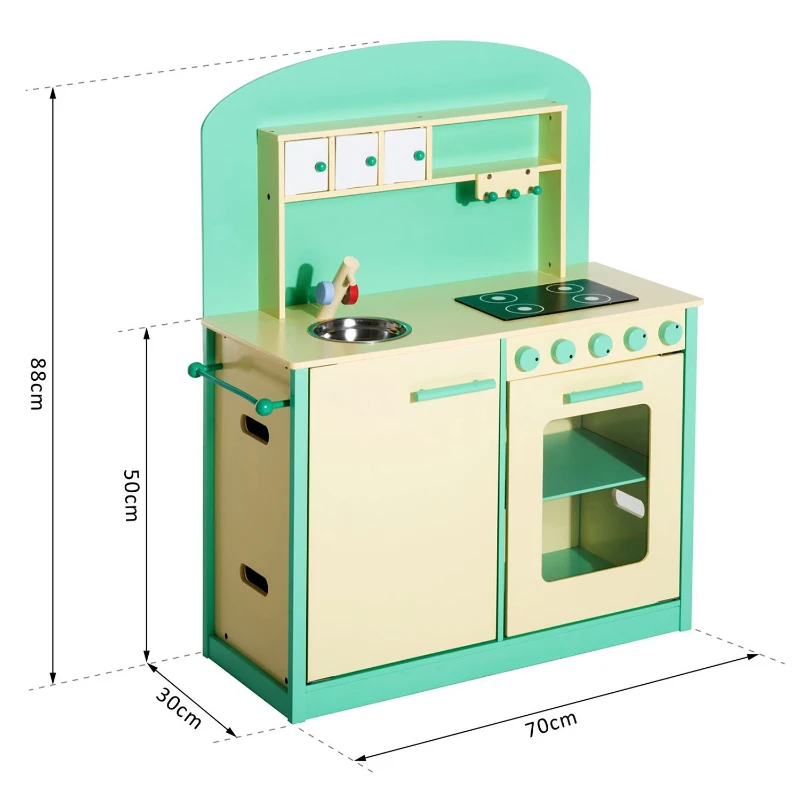 HOMCOM Cocinita de Juguete de Madera con 12 Accesorios 70x30x88cm para Niños + 3 Años Color Verde