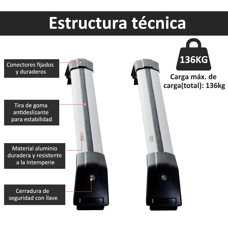 HOMCOM Juego de Barras para Techo de Coche tipo Baca Portaequipajes de Aluminio con Cierre Apto para 107,5-117cm