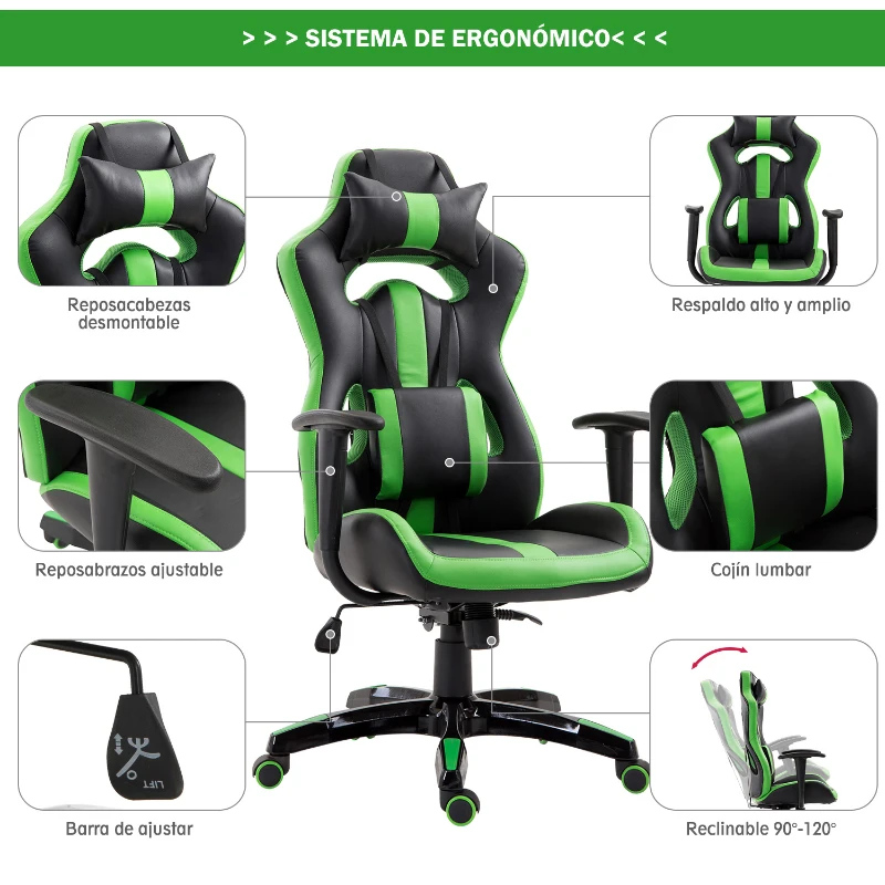 HOMCOM Silla Gaming Profesional Silla de Juego Oficina Ergonómica Estilo Deportivo Giratorio Reposacabezas y Cojín Lumbar Reclinable Altura Ajustable Cuero Sintético PU