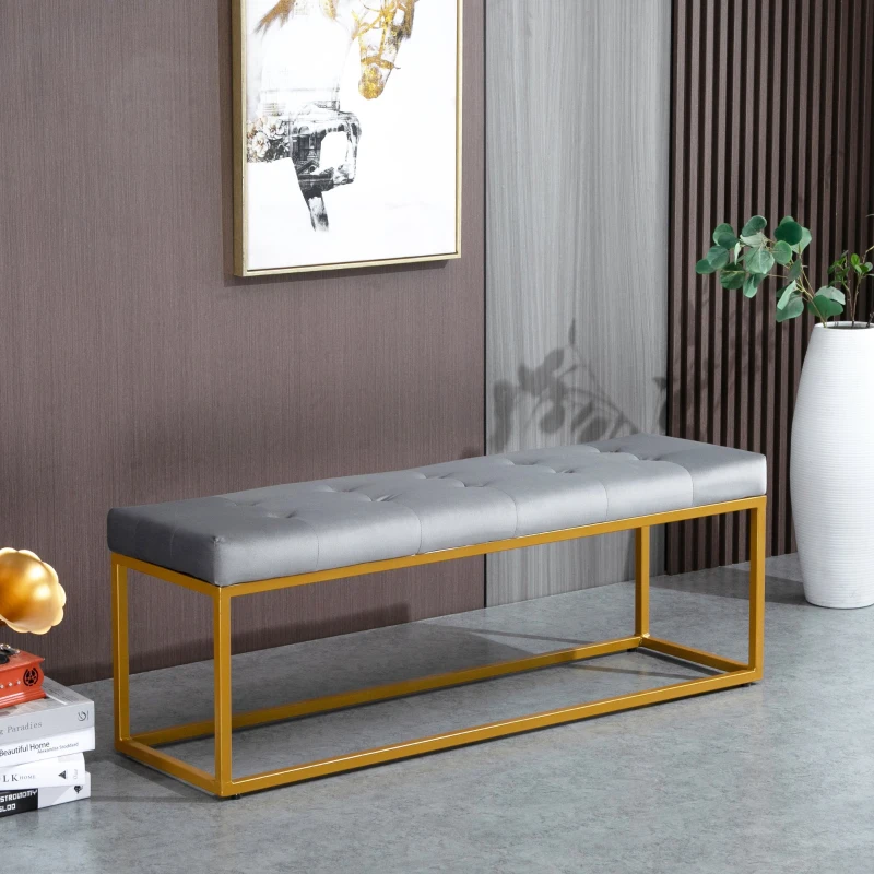 HOMCOM Banqueta Multifuncional Banco Taburete Pie de Cama con Asiento Acolchado y Patas Metálicas 120x35x42 cm Gris y Dorado