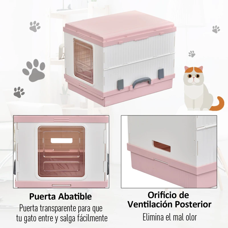 PawHut Caja de Arena para Gatos Plegable Arenero Portátil Aseo Quita Mal Olor con Manija Puerta Orificio de Ventilación Bandeja Material ABS 54x43x42 cm Blanco y Rosa