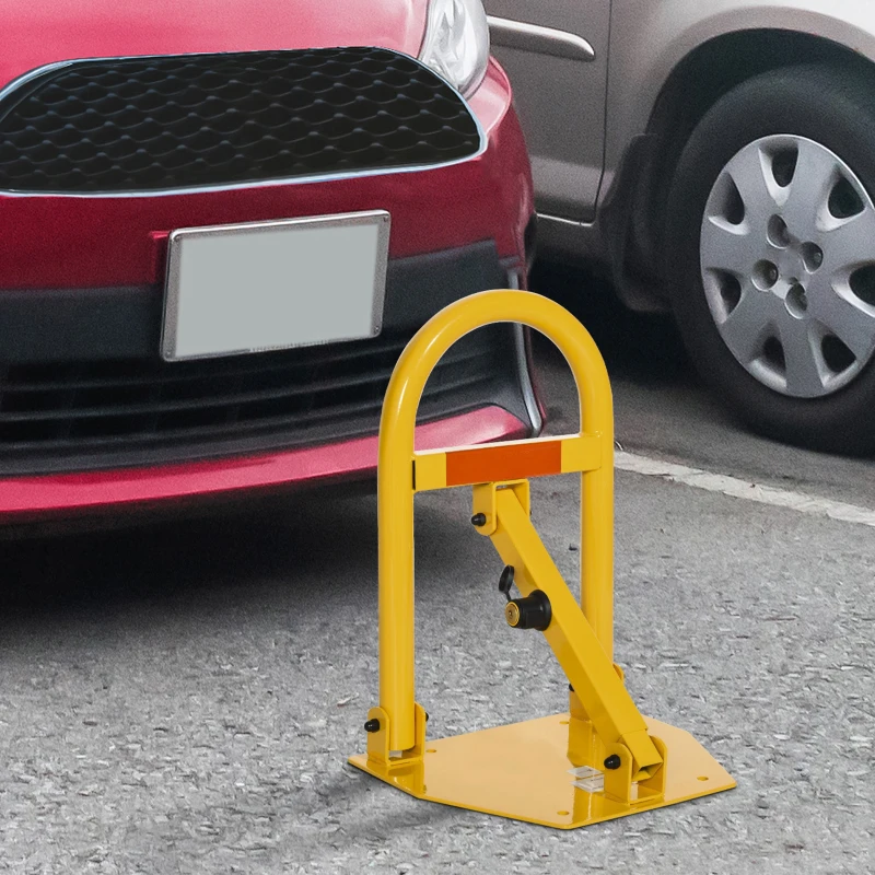 DURHAND Barrera de Aparcamiento Plegable Manual Bloqueo de Estacionamiento Abatible con Cerradura 3 Llaves Cinta Reflectante Metal 36,5x31x50,5 cm Amarillo