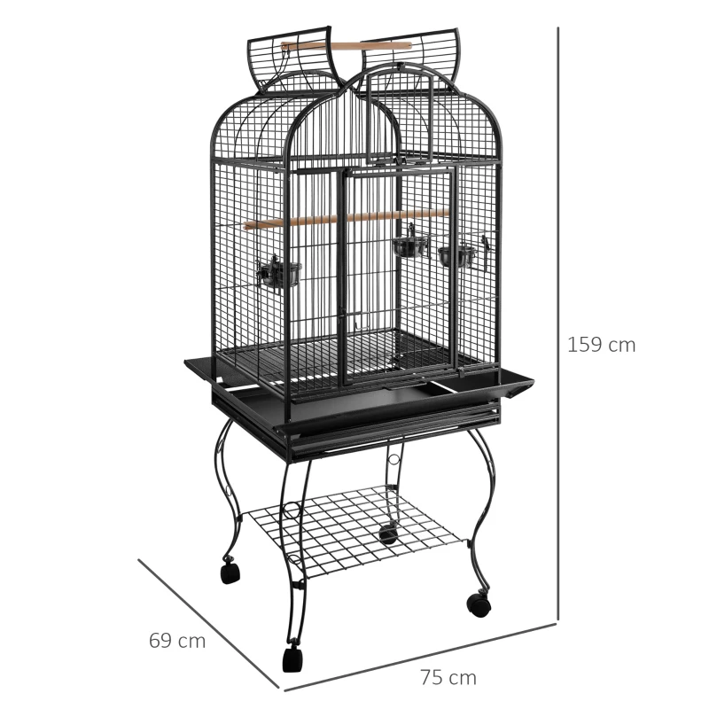PawHut Jaula de Pájaros Pajarera Metálica para Aves con 2 Puertas Perchas y Rejilla Deslizable Bandeja Extraíble 4 Ruedas 75x69x159 cm Gris Oscuro