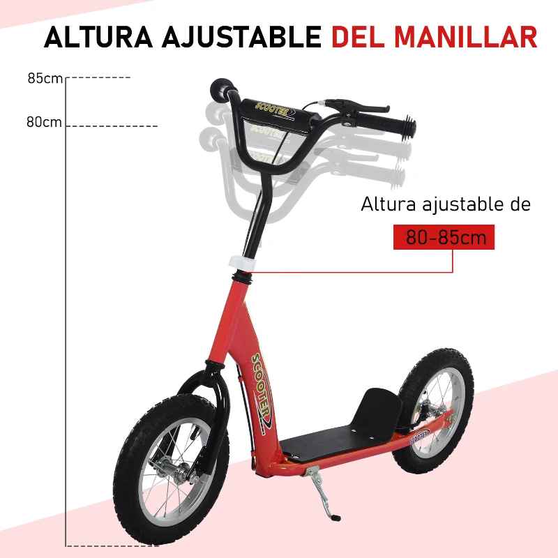 HOMCOM Patinete para Niños Mayores de 5 Años Scooter 2 Neumáticos Inflables de Caucho con Frenos Manillar Ajustable 117x52x80-85 cm Rojo