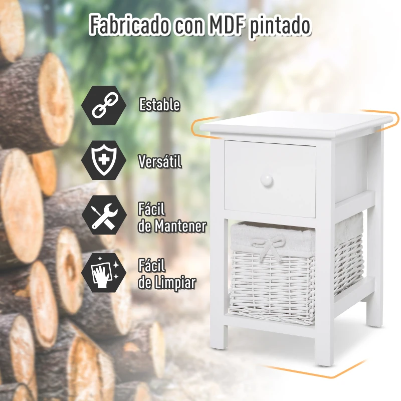 HomCom® Mesita de Noche Madera con 1 Cajón 1 Cesta 28x31x45cm Blanco