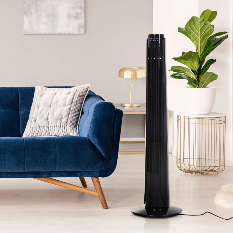 Ventilador Torre con Mando a Distancia y 3 Ajustes de Velocidad Temporizador hasta 7,5h Oscilante en 70° Potencia 50W Ф27x92cm Negro